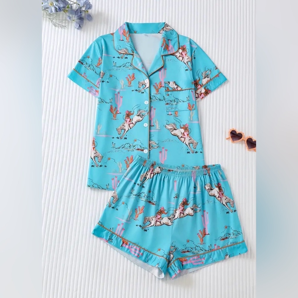 Western Cowgirl Pajama Set in Peacock Blue – Button Top & Shorts Plus Size XL